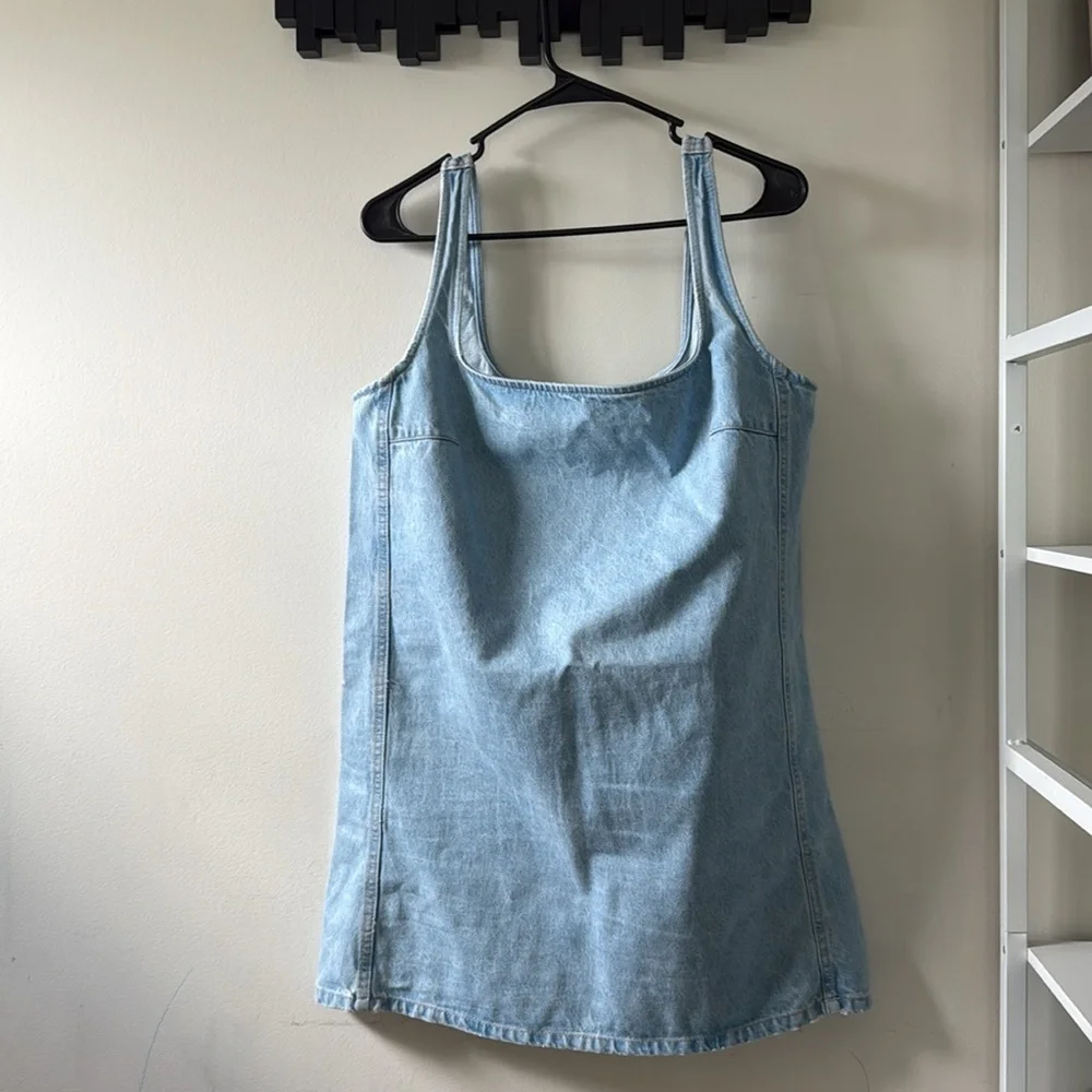 Zara Square Neck Light Blue Denim Mini Dress Sz L - Picture 3 of 11